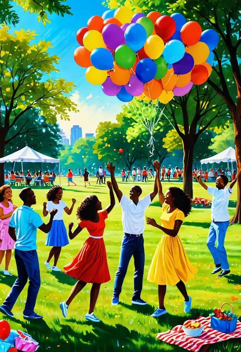 A vibrant and joyful scene of diverse people engaging in various cheerful activities, such as dancing in a park, enjoying a picnic, and painting together. Incorporate elements that symbolize happiness, like balloons, flowers, and sun rays. Use bright colors to evoke a sense of warmth and positivity. Emphasize emotional expressions of joy and camaraderie. super-realistic. vibrant colors. white background.
