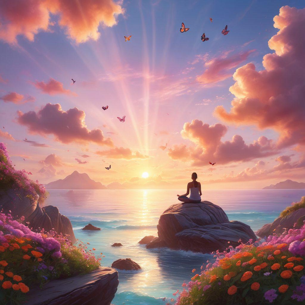 A serene landscape featuring a vibrant sunrise over a calm ocean, with a silhouette of a person practicing yoga on a rock, surrounded by blooming flowers and butterflies. Soft light beams shining through fluffy clouds, symbolizing hope and optimism. Dreamy pastel colors with a focus on tranquility and joy. super-realistic. vibrant colors.