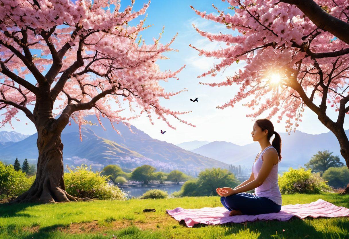 A serene landscape featuring a person joyfully meditating under a blooming cherry blossom tree, surrounded by vibrant flowers in full bloom and soft, glowing sunlight filtering through the leaves, symbolizing peace and happiness. Include subtle elements like butterflies and a gentle breeze to evoke a sense of bliss. super-realistic. vibrant colors. peaceful atmosphere.